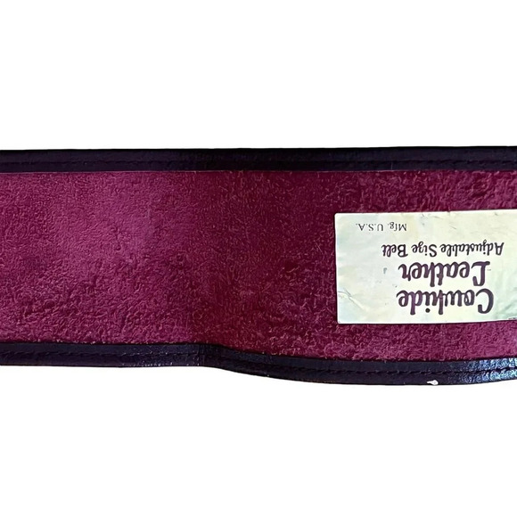 Vtg Burgundy Cowhide Leather Belt 40” Gold Tone Buckle Adjustable Made in USA - Picture 11 of 15